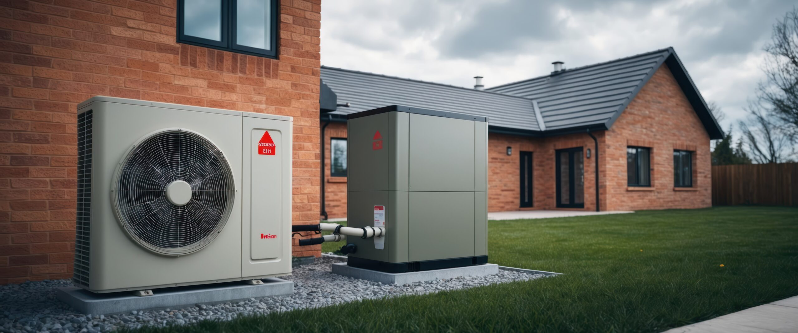 Air source heat pump installation in a modern home's backyard