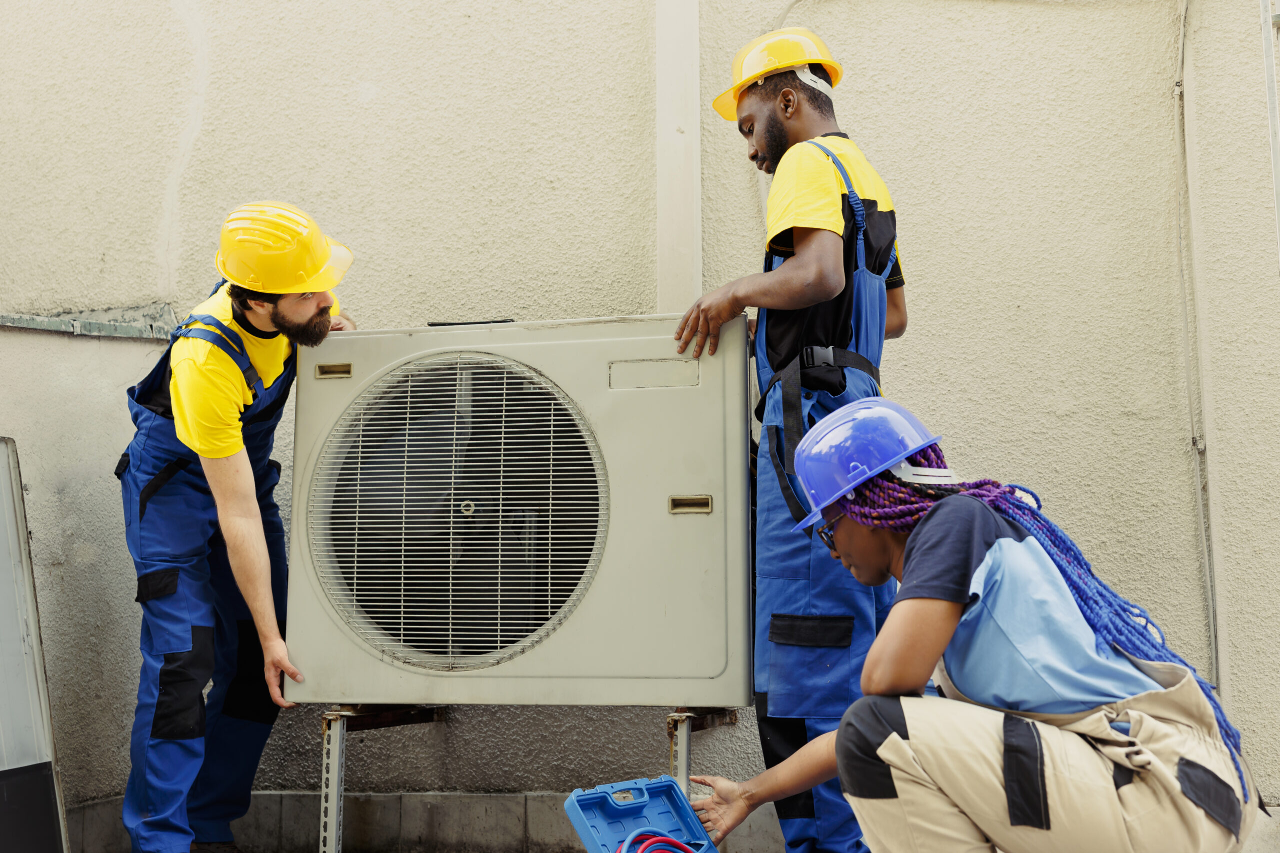 Knowleadgeable engineering team installing new outdoor air conditioner for home owner after replacing old condenser. Efficient technicians tasked with optimizing new HVAC system performance